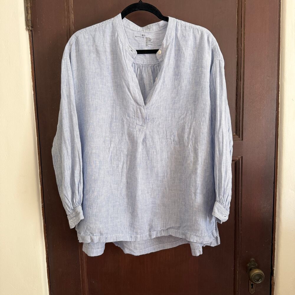 MUJI | Blue and White Striped Linen Boho Boxy Blouson Top | Medium \ Large